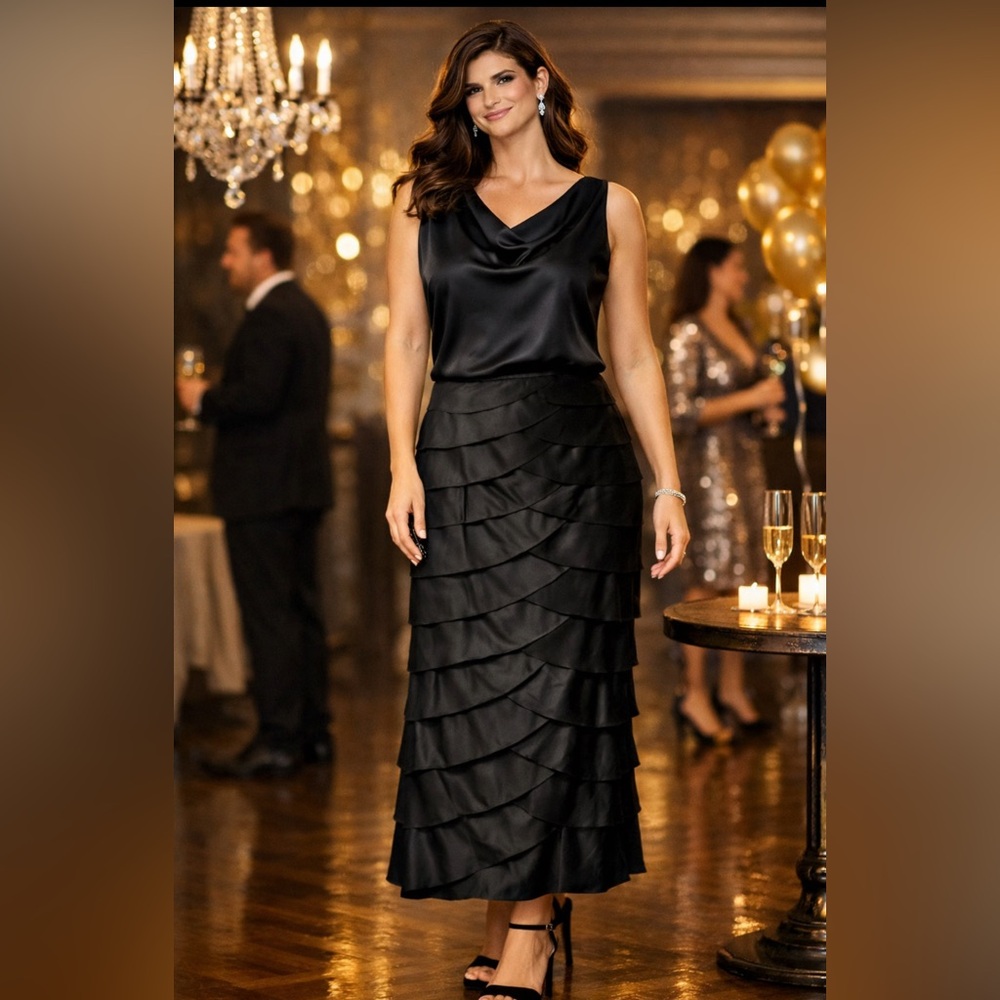 Adrianna Papell Black Tiered Faux Silk Formal Event Maxi Skirt 10